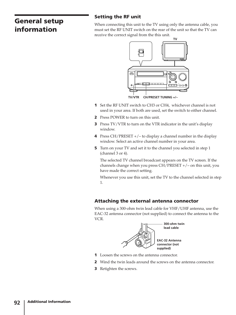 General setup information | Sony SLV-AV100C User Manual | Page 92 / 104