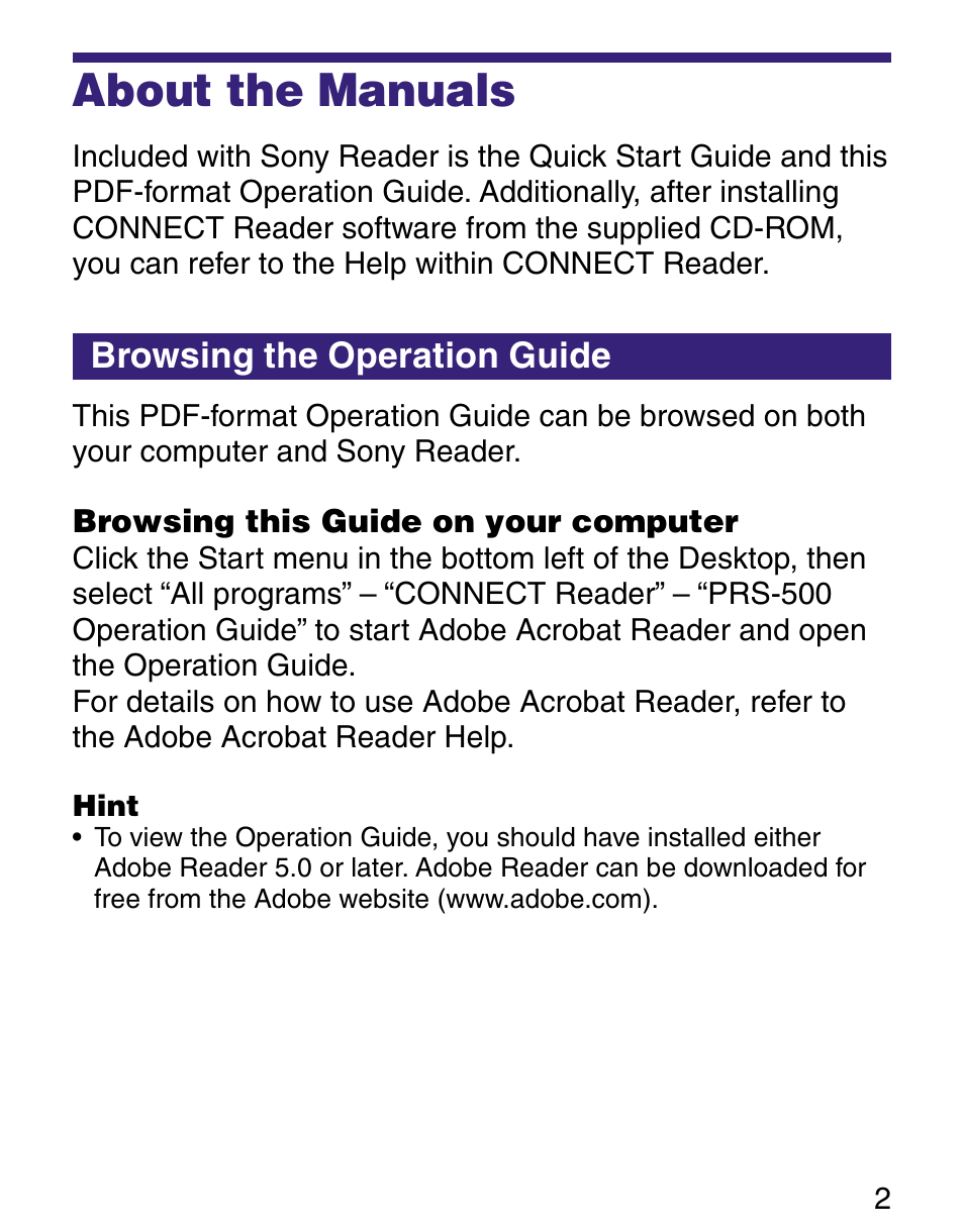 About the manuals, Browsing the operation guide | Sony Q READER PRS-500 User Manual | Page 2 / 82