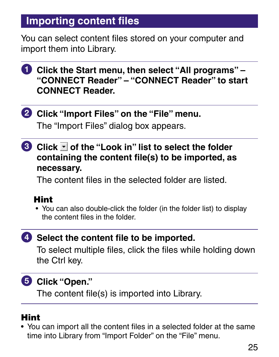 Importing content ﬁles | Sony Q READER PRS-500 User Manual | Page 25 / 82