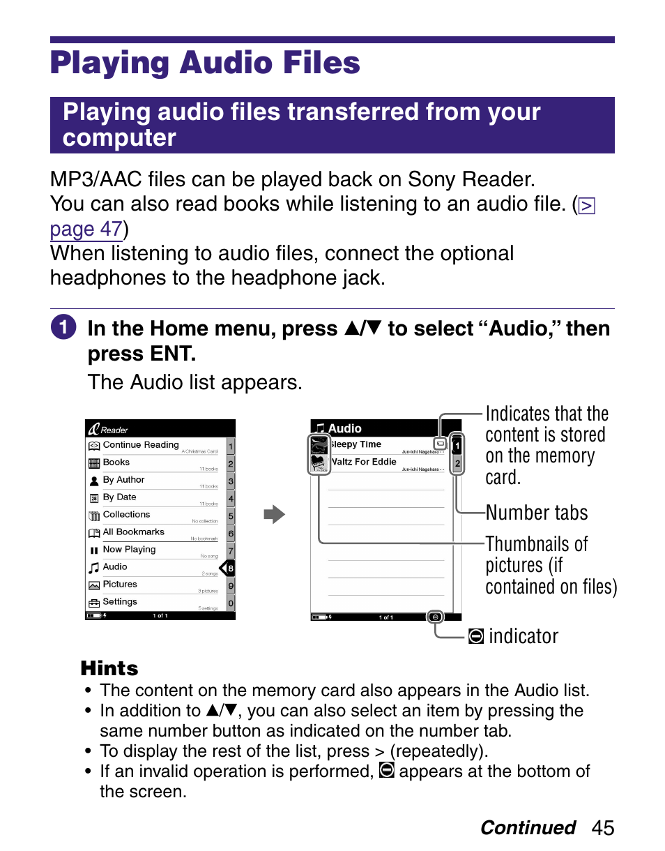 Playing audio files, Playing audio files transferred from your computer, Playing audio ﬁles transferred from your computer | Sony Q READER PRS-500 User Manual | Page 45 / 82