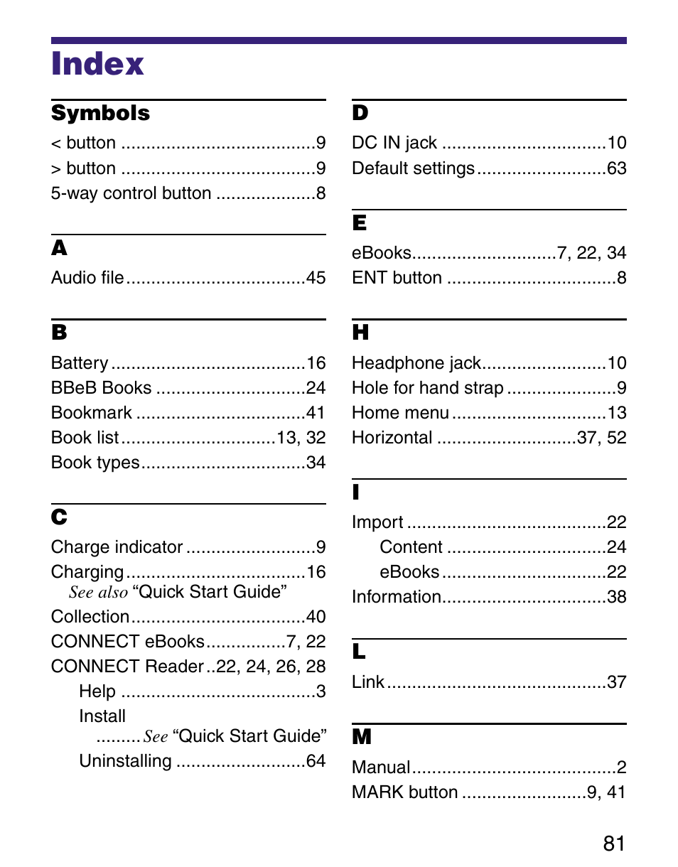 Index | Sony Q READER PRS-500 User Manual | Page 81 / 82