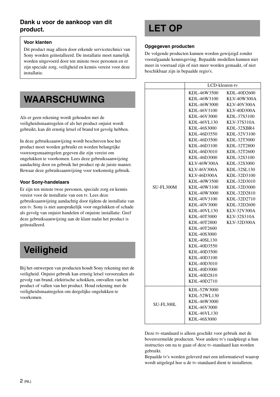 Waarschuwing, Veiligheid, Let op | Waarschuwing veiligheid let op | Sony SU-FL300L User Manual | Page 100 / 292