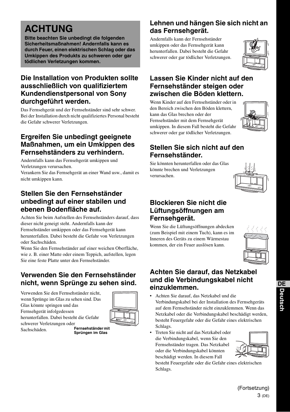 Achtung, Stellen sie sich nicht auf den fernsehständer | Sony SU-FL300L User Manual | Page 113 / 292
