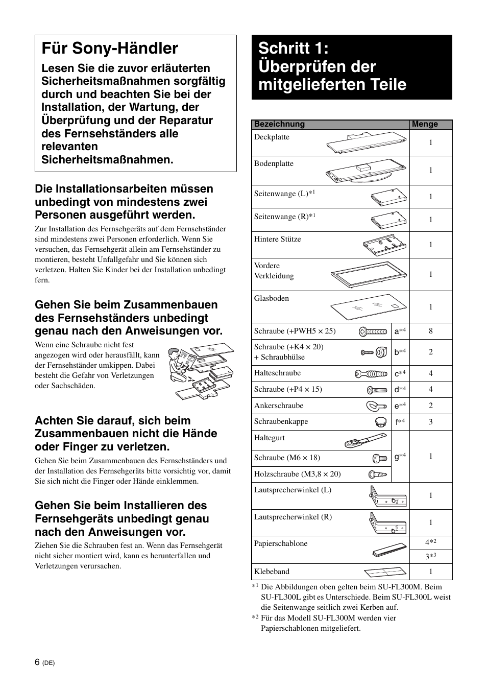 Für sony-händler, Schritt 1: überprüfen der mitgelieferten teile | Sony SU-FL300L User Manual | Page 116 / 292