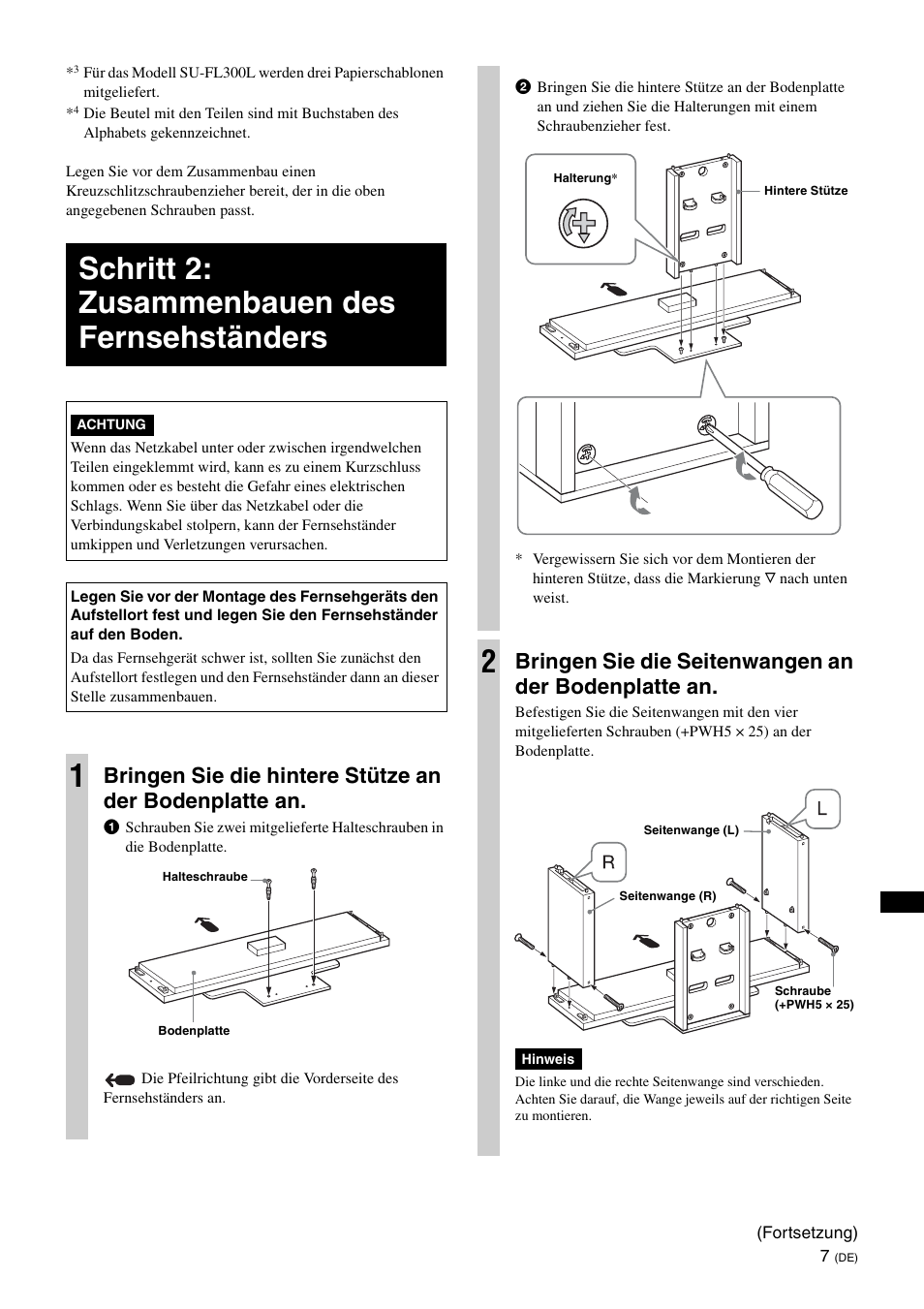 Schritt 2: zusammenbauen des fernsehständers, Bringen sie die seitenwangen an der bodenplatte an | Sony SU-FL300L User Manual | Page 117 / 292