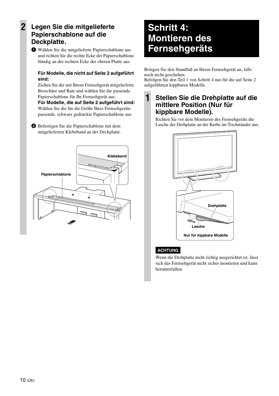 Schritt 4: montieren des fernsehgeräts, Schritt 4: montieren des fernsehgeräts 1 | Sony SU-FL300L User Manual | Page 120 / 292