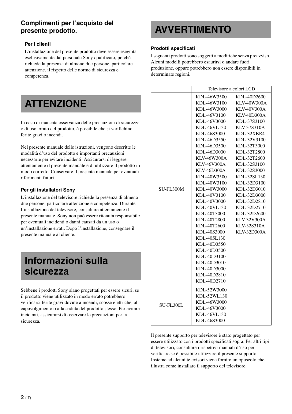 Attenzione, Informazioni sulla sicurezza, Avvertimento | Sony SU-FL300L User Manual | Page 126 / 292