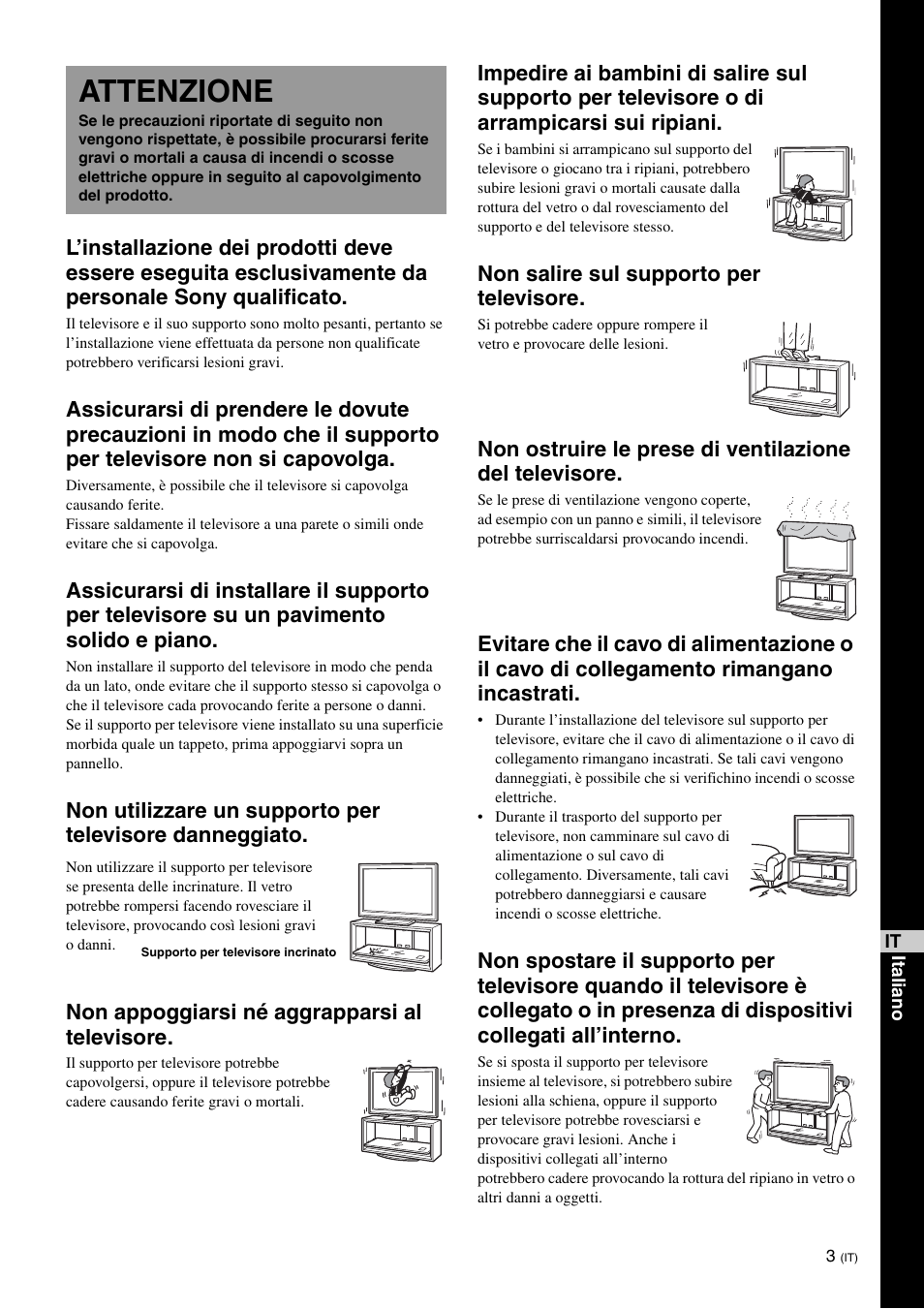 Attenzione, Non salire sul supporto per televisore | Sony SU-FL300L User Manual | Page 127 / 292