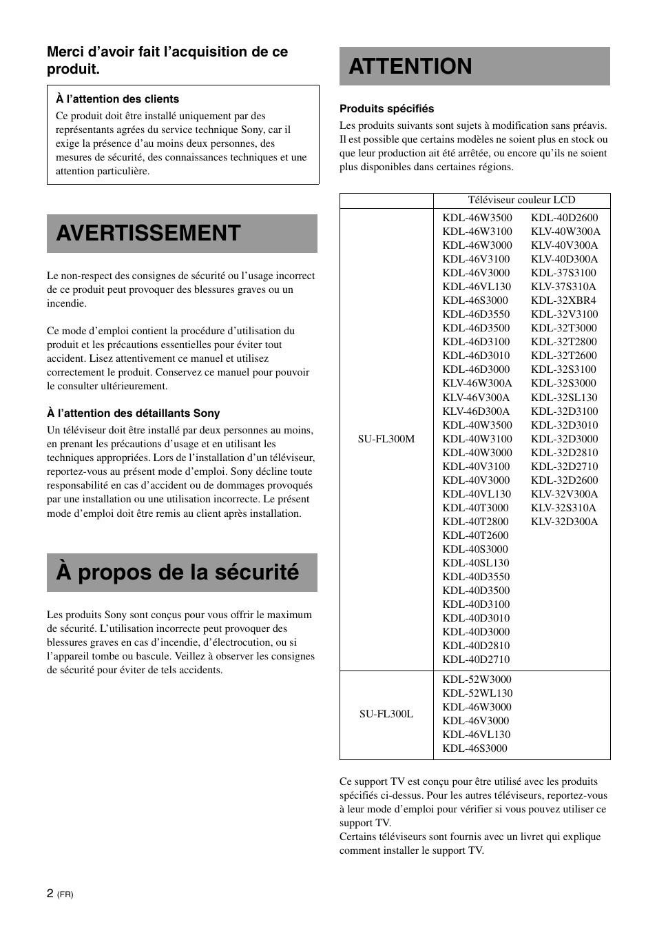 Avertissement, À propos de la sécurité, Attention | Avertissement à propos de la sécurité attention | Sony SU-FL300L User Manual | Page 14 / 292
