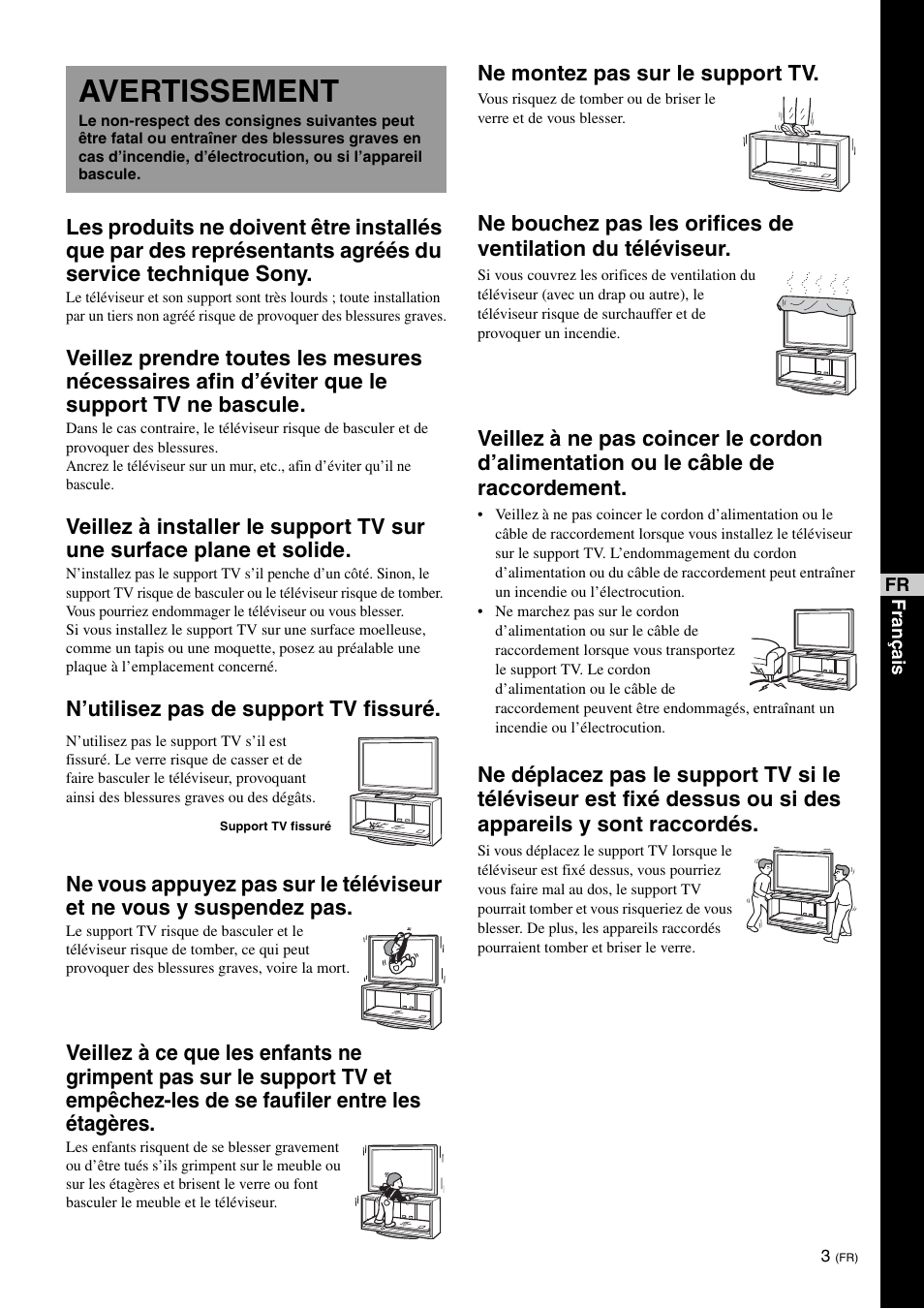 Avertissement, Ne montez pas sur le support tv | Sony SU-FL300L User Manual | Page 15 / 292