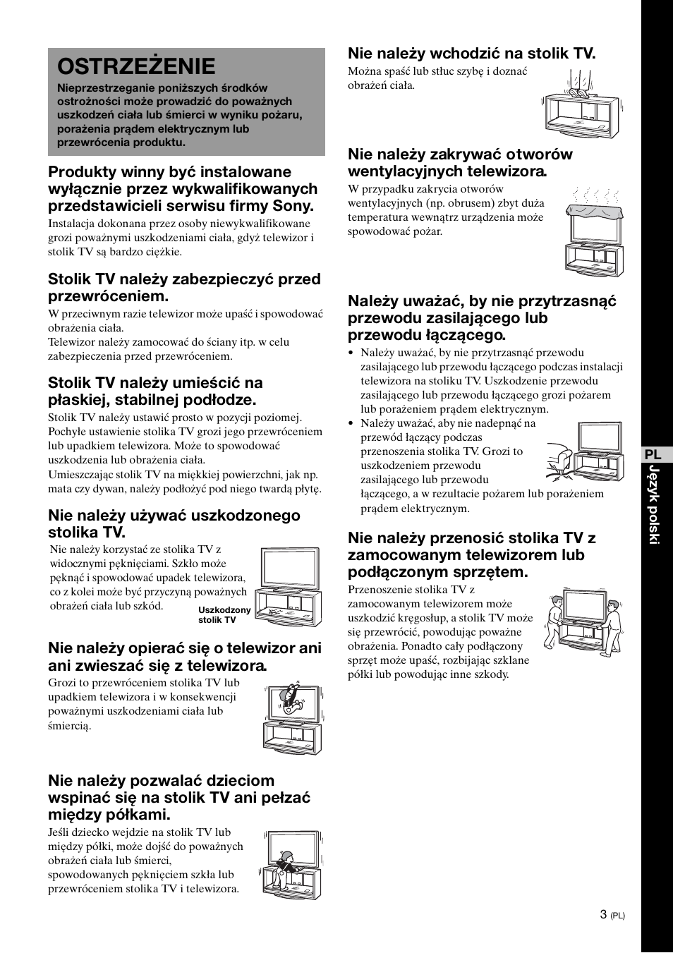 Ostrzeżenie, Stolik tv należy zabezpieczyć przed przewróceniem, Nie należy wchodzić na stolik tv | Sony SU-FL300L User Manual | Page 169 / 292