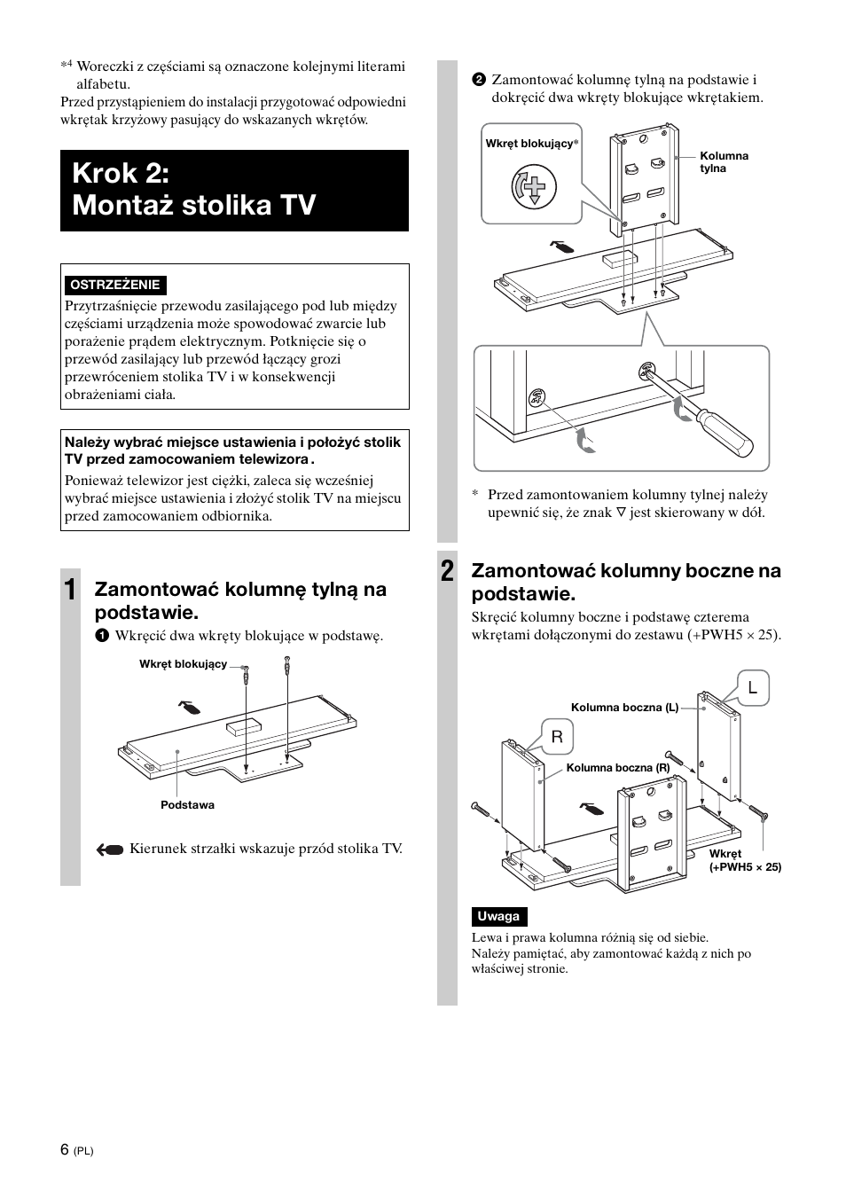 Krok 2:montaż stolika tv, Krok 2: montaż stolika tv, Zamontować kolumnę tylną na podstawie | Zamontować kolumny boczne na podstawie | Sony SU-FL300L User Manual | Page 172 / 292