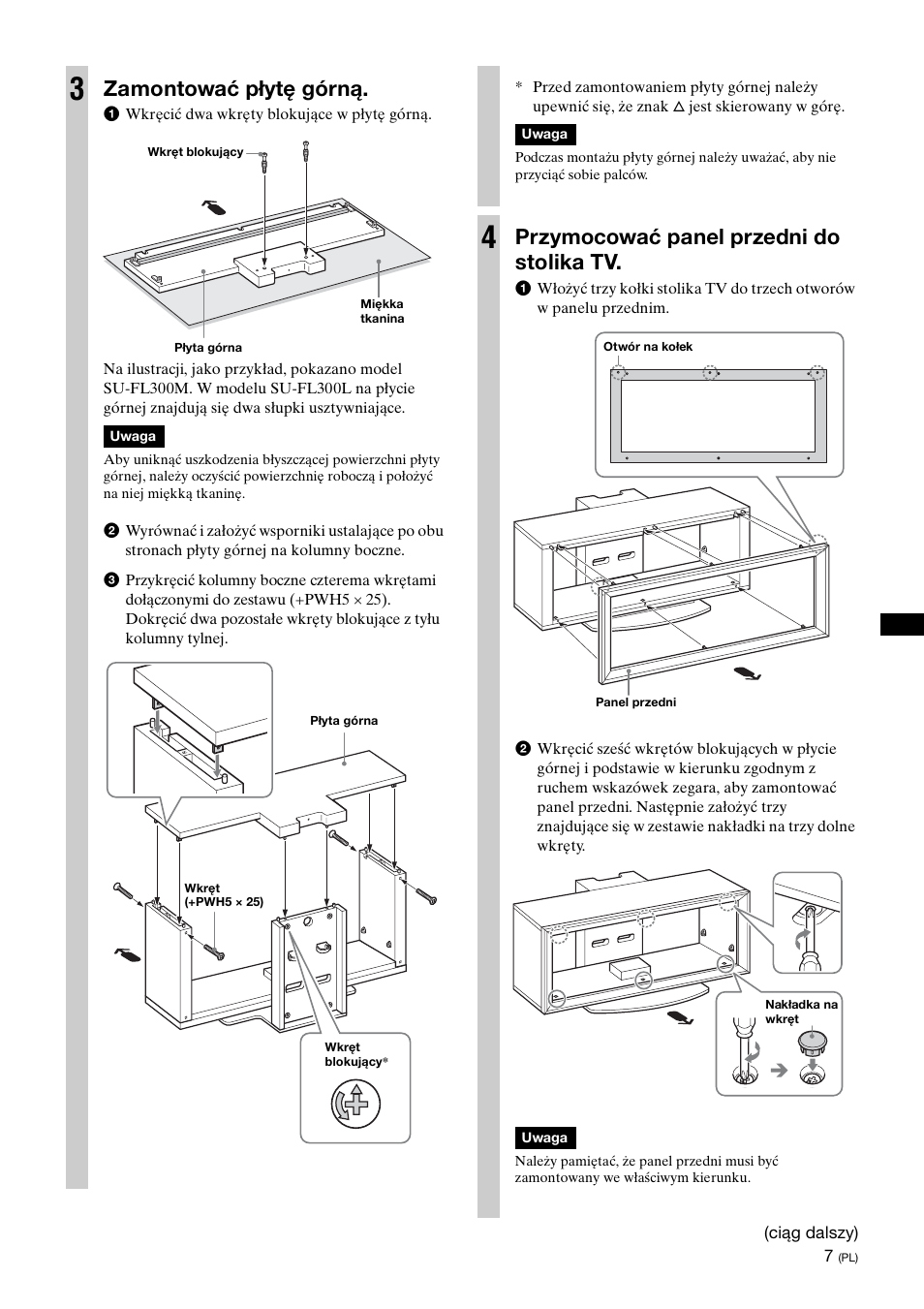 Zamontować płytę górną, Przymocować panel przedni do stolika tv | Sony SU-FL300L User Manual | Page 173 / 292