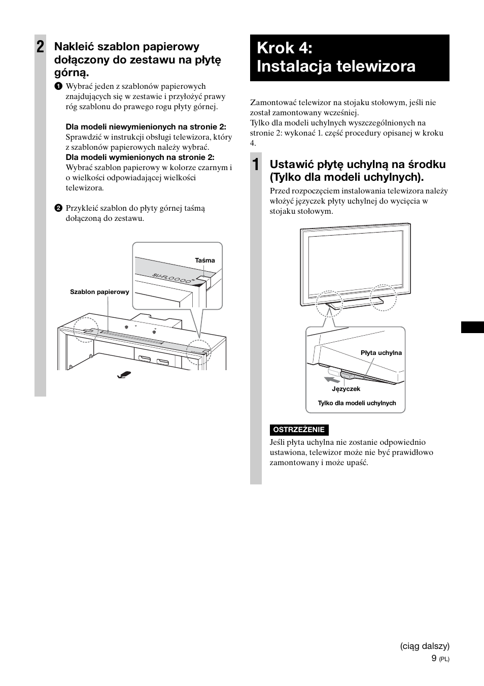Krok 4:instalacja telewizora, Krok 4: instalacja telewizora 1 | Sony SU-FL300L User Manual | Page 175 / 292