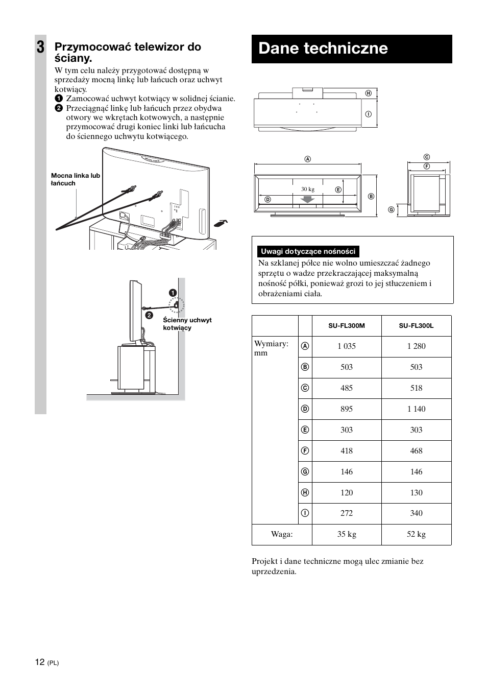 Dane techniczne, Przymocować telewizor do ściany | Sony SU-FL300L User Manual | Page 178 / 292