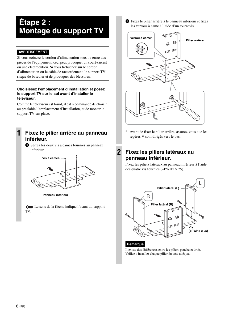Étape 2 : montage du support tv, Fixez le pilier arrière au panneau inférieur, Fixez les piliers latéraux au panneau inférieur | Sony SU-FL300L User Manual | Page 18 / 292
