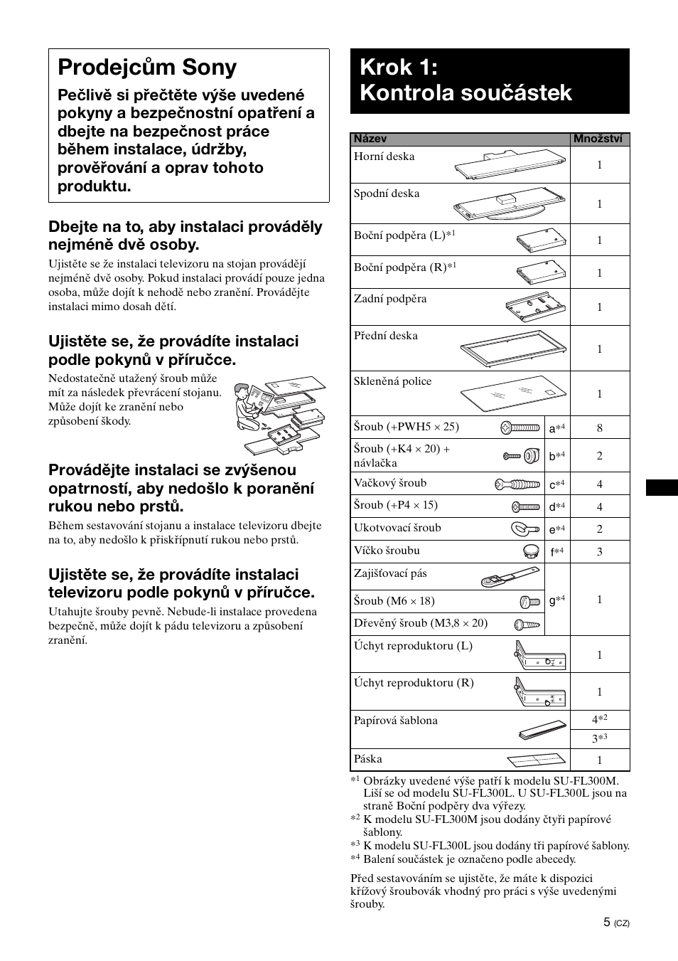 Prodejcům sony, Krok 1:kontrola součástek, Krok 1: kontrola součástek | Sony SU-FL300L User Manual | Page 185 / 292