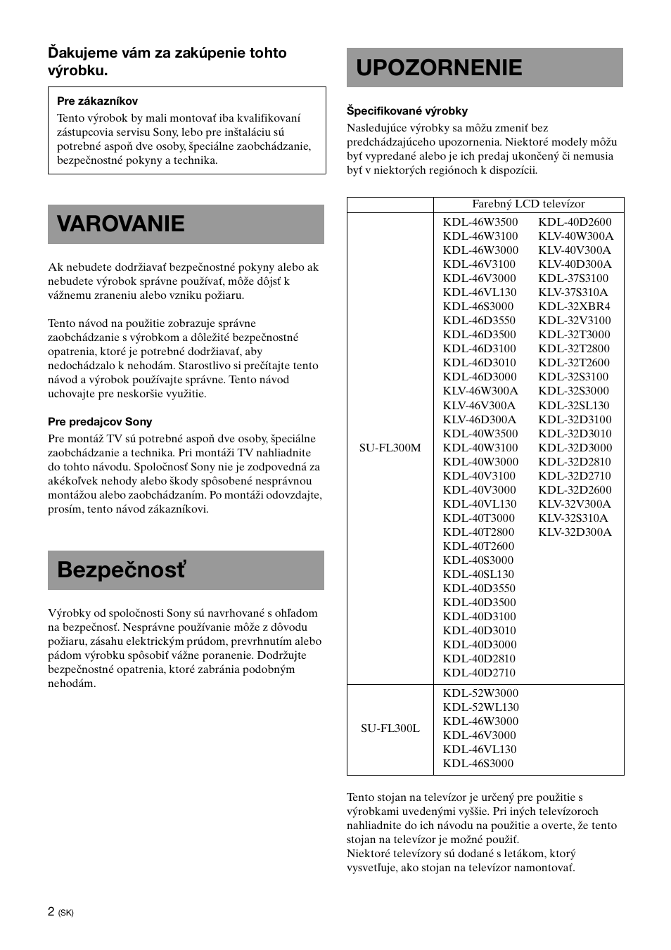 Varovanie, Bezpečnosť, Upozornenie | Varovanie bezpečnosť upozornenie | Sony SU-FL300L User Manual | Page 194 / 292