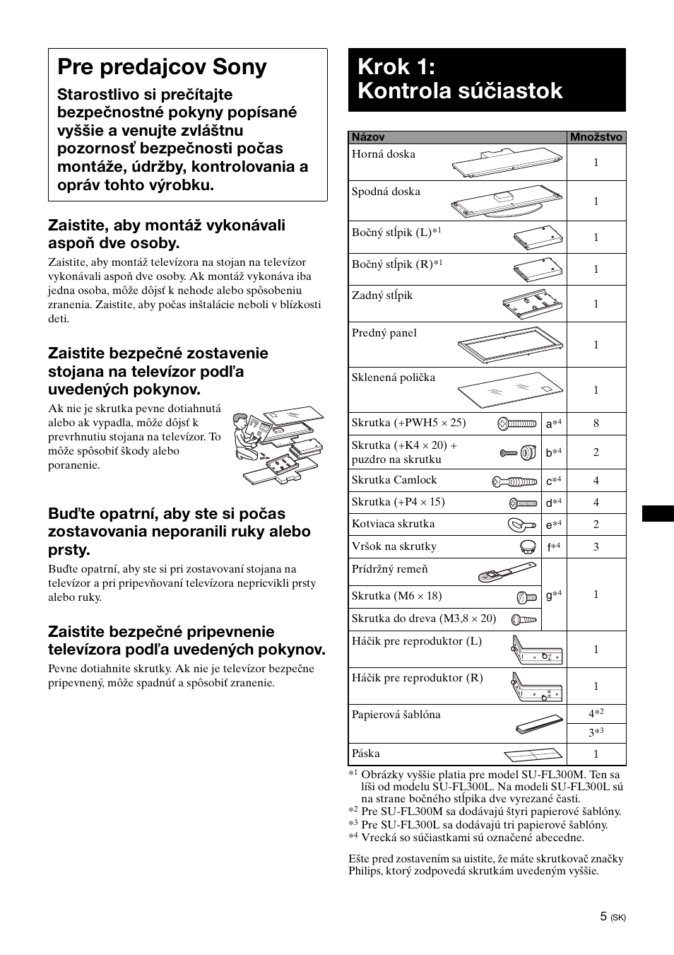Pre predajcov sony, Krok 1:kontrola súčiastok, Krok 1: kontrola súčiastok | Zaistite, aby montáž vykonávali aspoň dve osoby | Sony SU-FL300L User Manual | Page 197 / 292