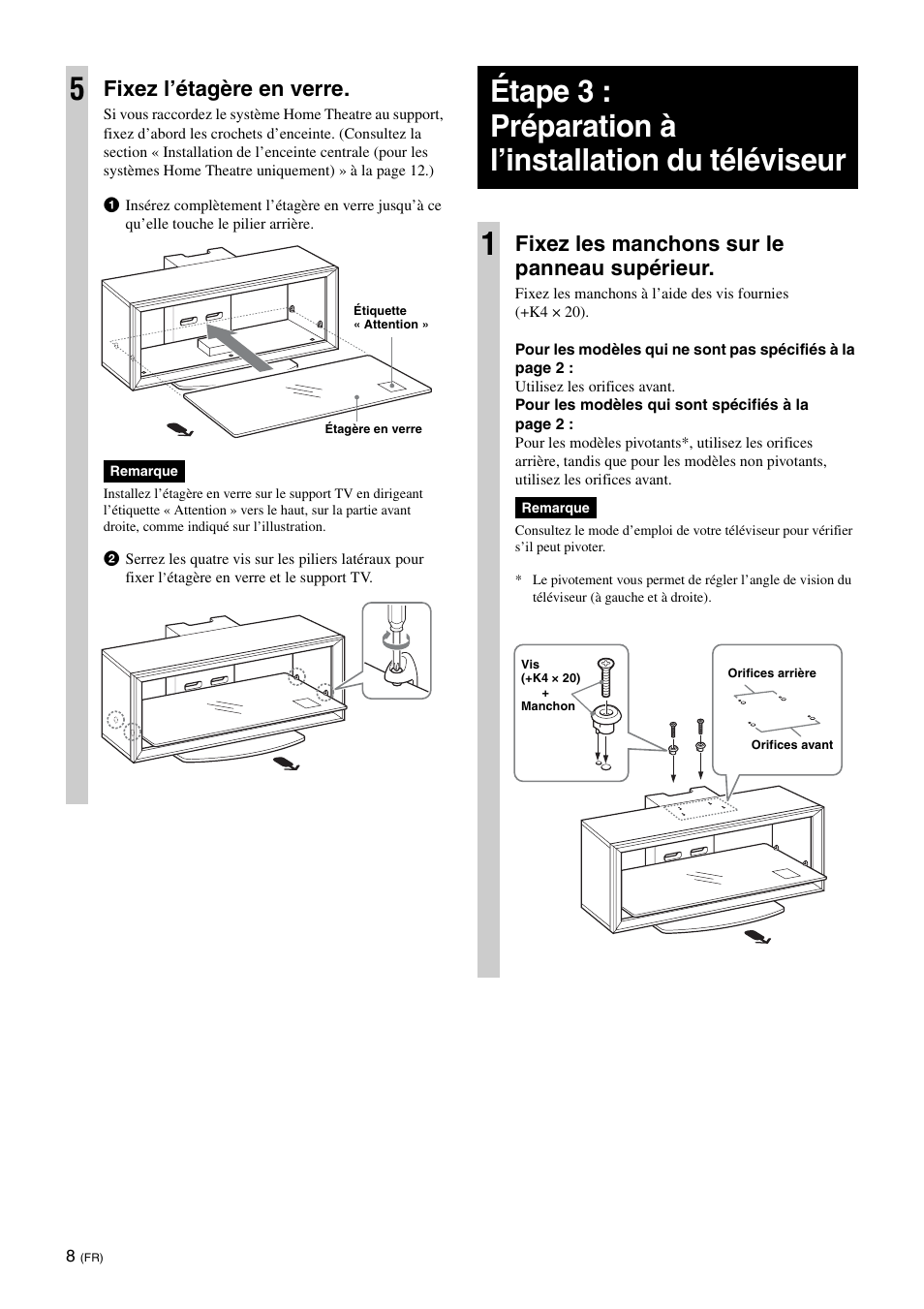 Fixez l’étagère en verre, Fixez les manchons sur le panneau supérieur | Sony SU-FL300L User Manual | Page 20 / 292