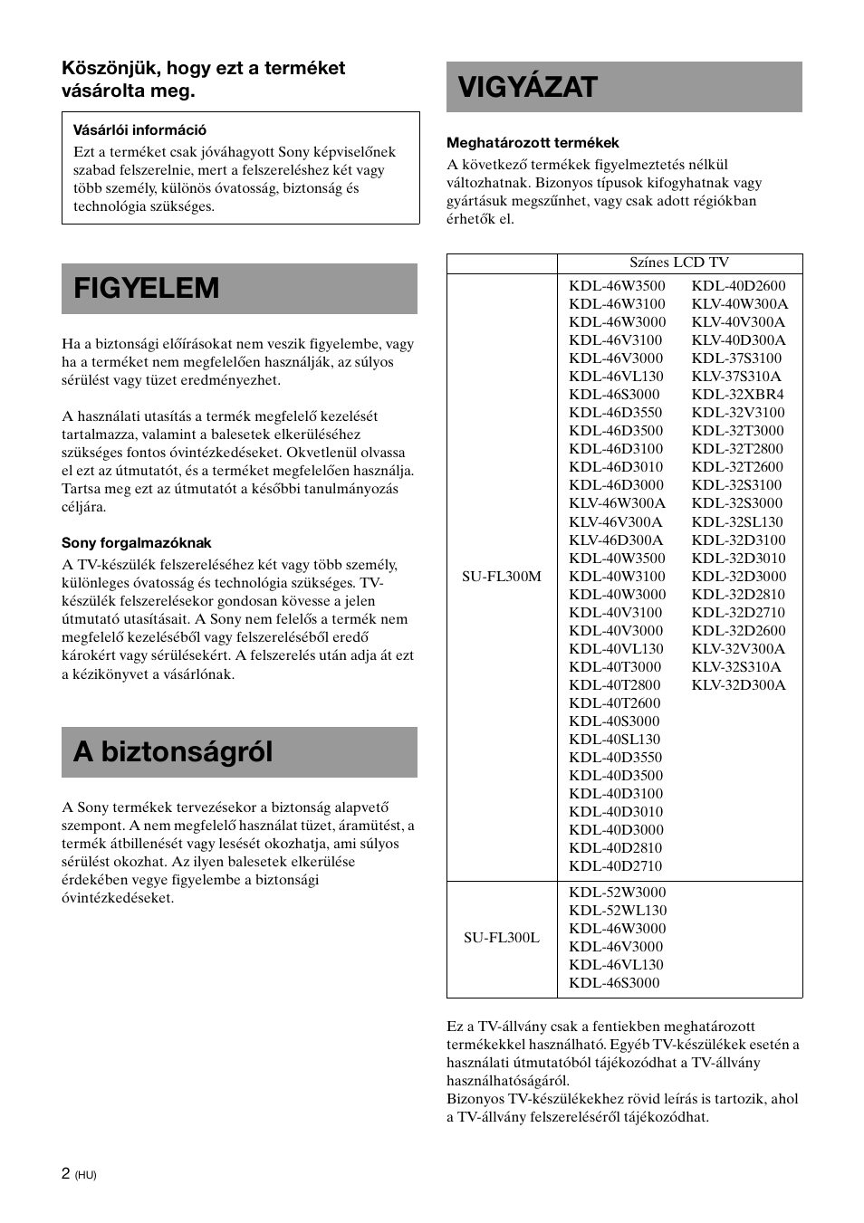 Figyelem, A biztonságról, Vigyázat | Figyelem a biztonságról vigyázat | Sony SU-FL300L User Manual | Page 206 / 292
