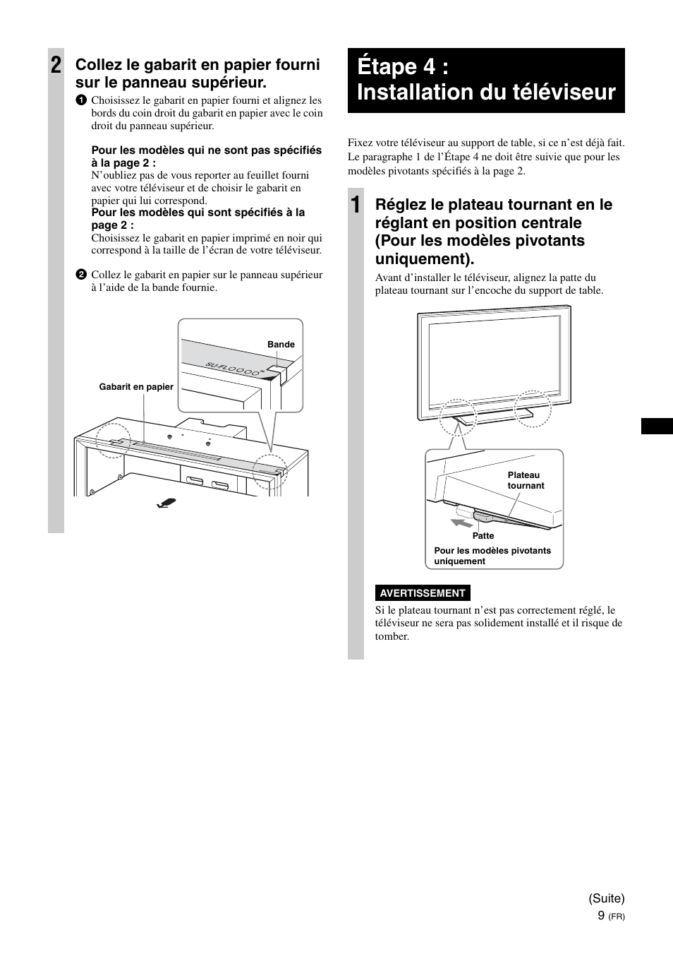 Étape 4 : installation du téléviseur, Étape 4 : installation du téléviseur 1 | Sony SU-FL300L User Manual | Page 21 / 292