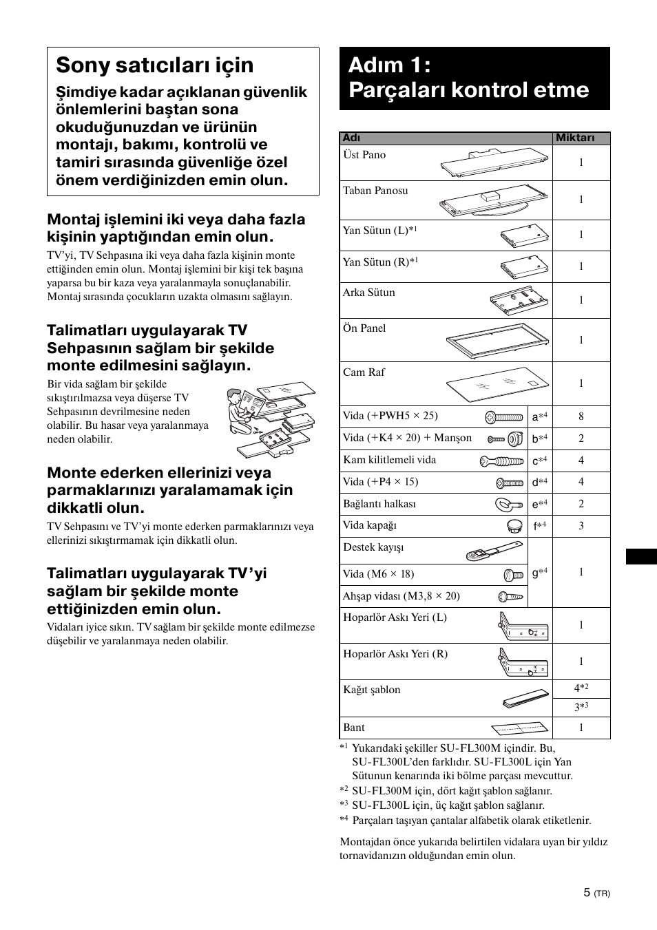 Sony satıcıları için, Adım 1:parçaları kontrol etme, Adım 1: parçaları kontrol etme | Sony SU-FL300L User Manual | Page 221 / 292