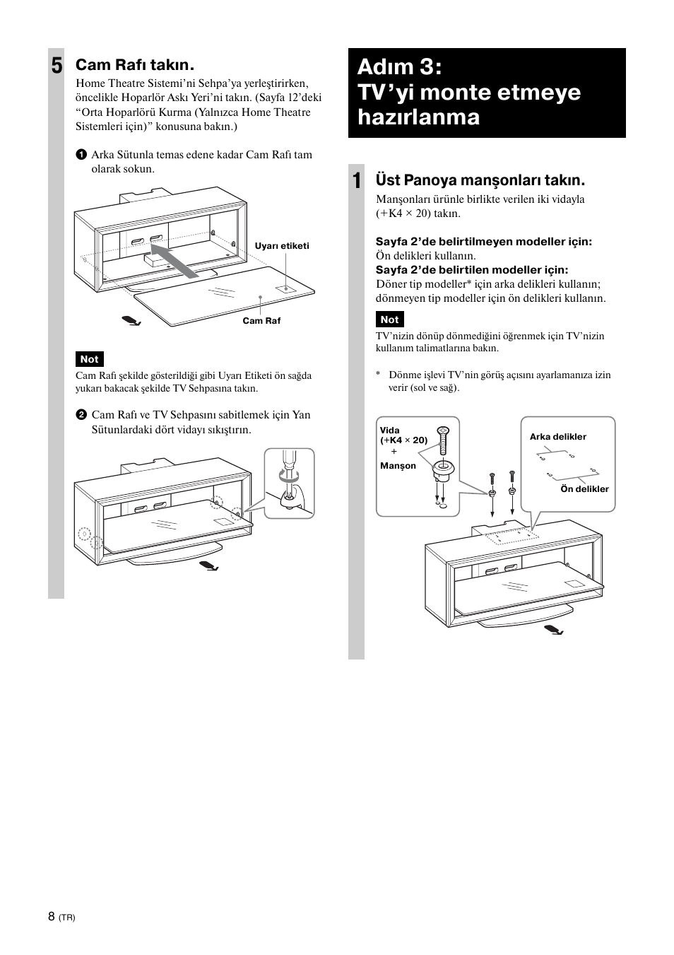 Adım 3:tv’yi monte etmeye hazırlanma, Adım 3: tv’yi monte etmeye hazırlanma 1, Cam rafı takın | Üst panoya manşonları takın | Sony SU-FL300L User Manual | Page 224 / 292