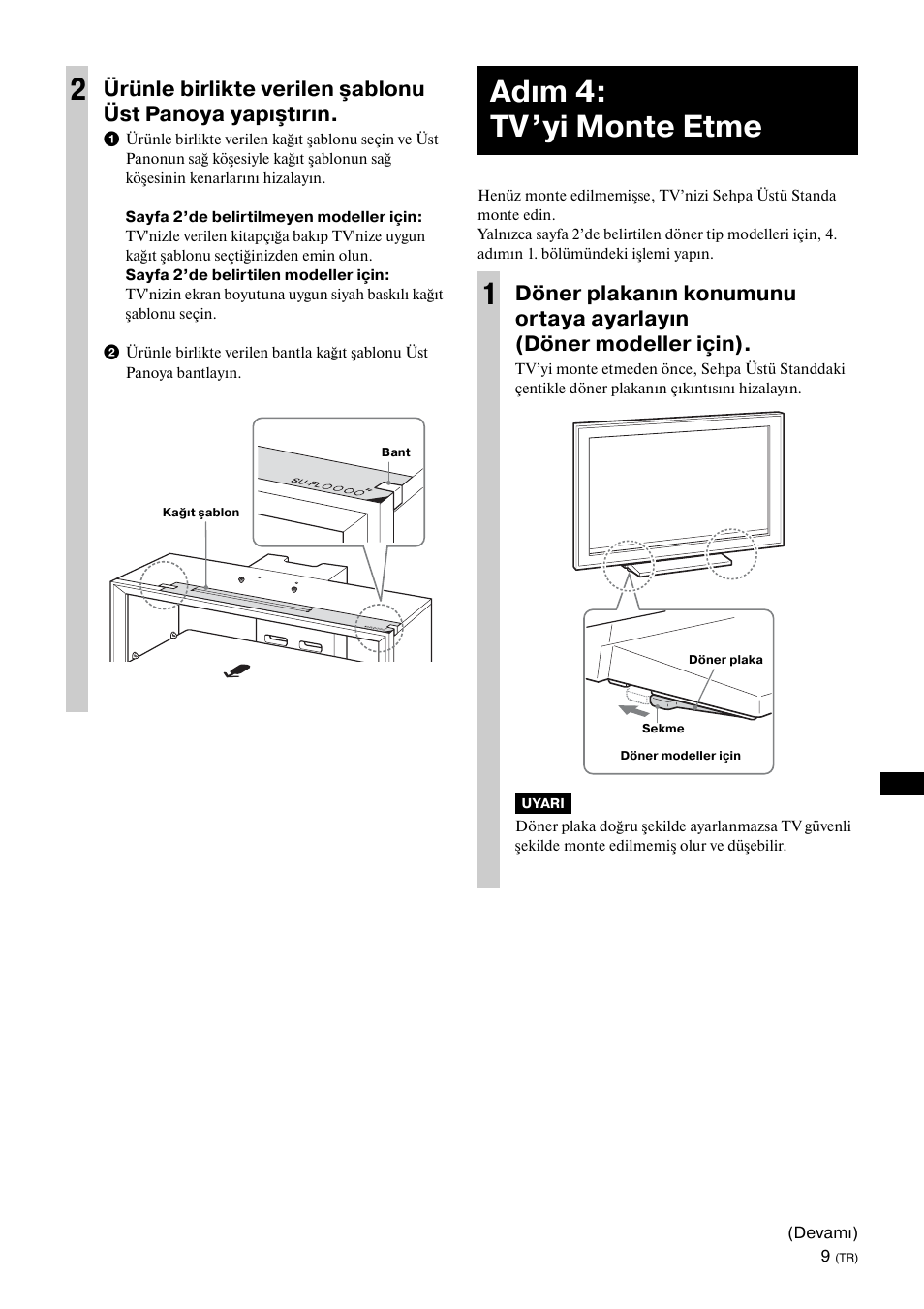 Adım 4:tv’yi monte etme, Adım 4: tv’yi monte etme 1 | Sony SU-FL300L User Manual | Page 225 / 292