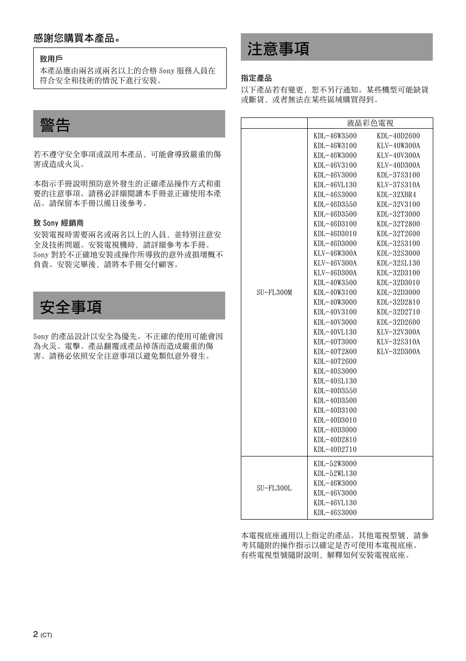 安全事項, 注意事項, 警告 安全事項 注意事項 | Sony SU-FL300L User Manual | Page 230 / 292