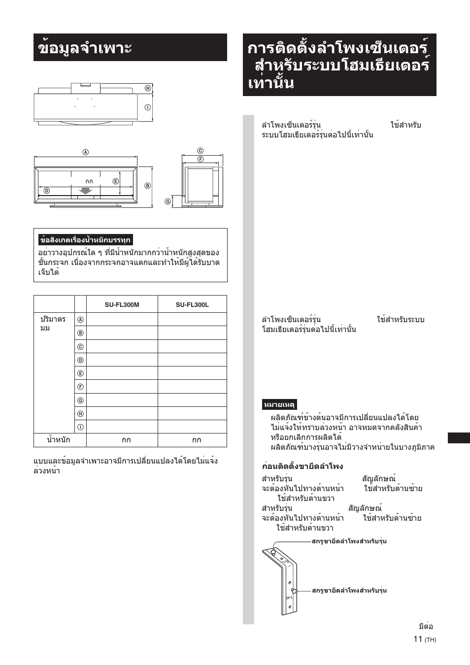 Specifications, ที่หน้า 11), ข้อมูลจำเพาะ | Sony SU-FL300L User Manual | Page 251 / 292
