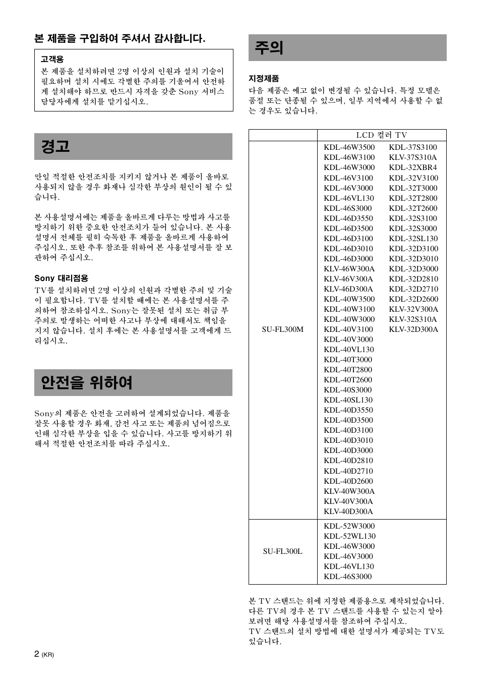 안전을 위하여, 경고 안전을 위하여 주의 | Sony SU-FL300L User Manual | Page 254 / 292