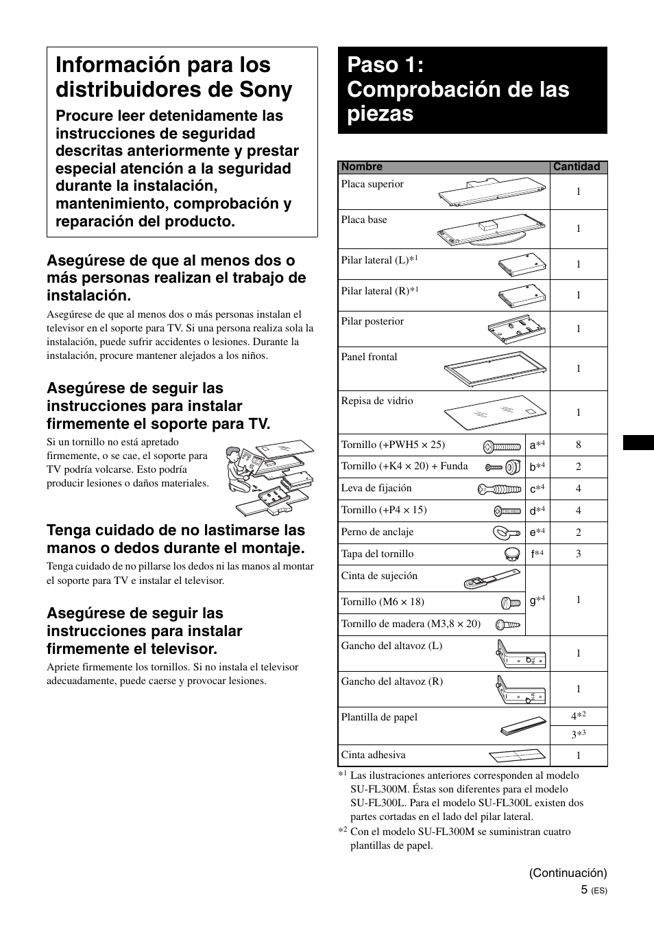 Información para los distribuidores de sony, Paso 1: comprobación de las piezas | Sony SU-FL300L User Manual | Page 29 / 292
