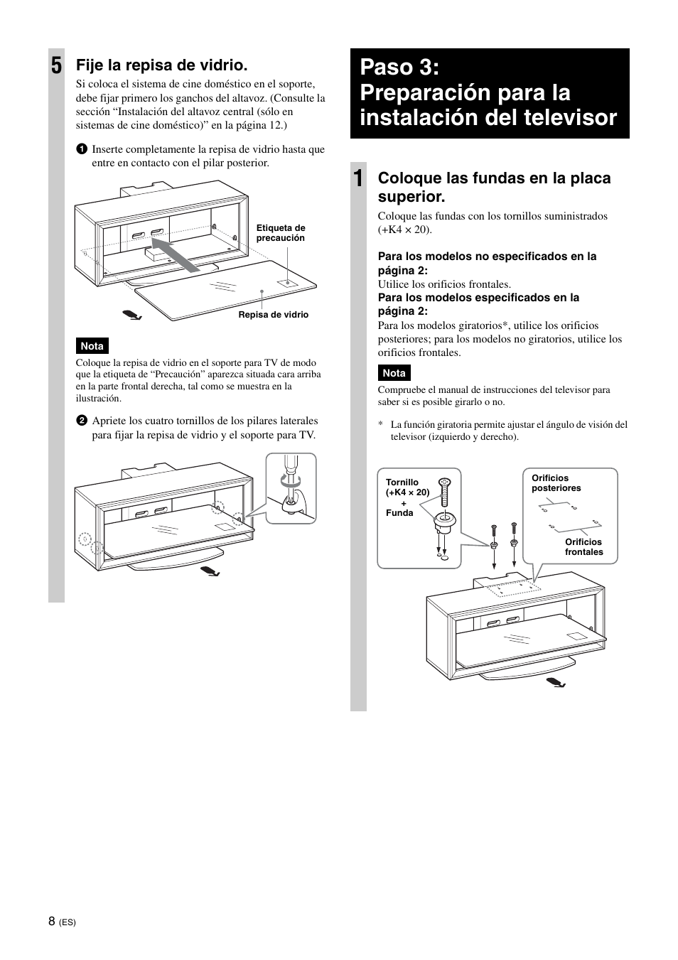 Fije la repisa de vidrio, Coloque las fundas en la placa superior | Sony SU-FL300L User Manual | Page 32 / 292