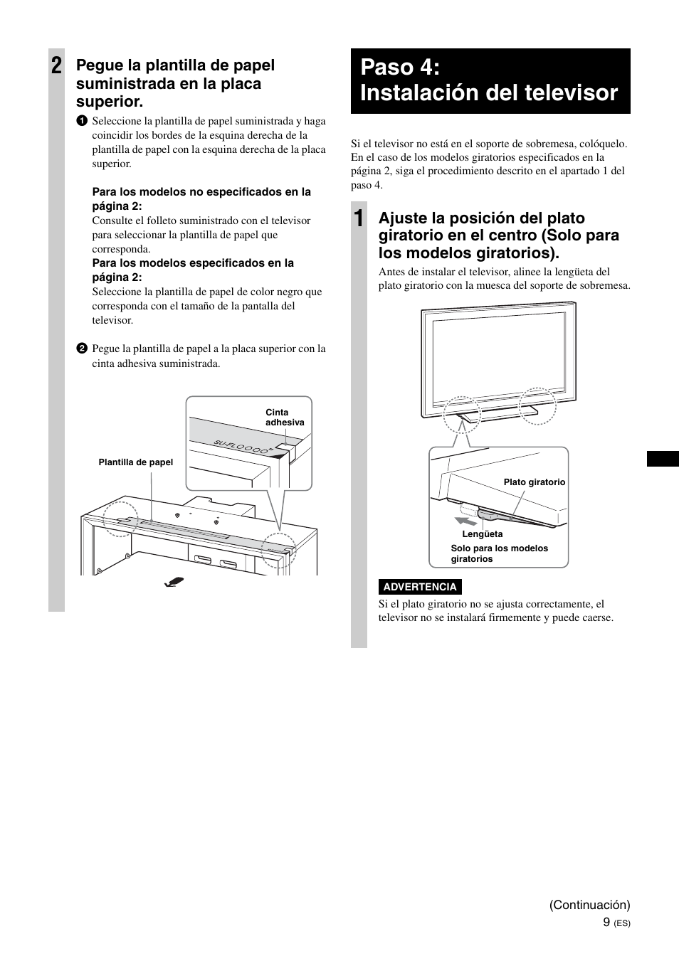 Paso 4: instalación del televisor, Paso 4: instalación del televisor 1 | Sony SU-FL300L User Manual | Page 33 / 292
