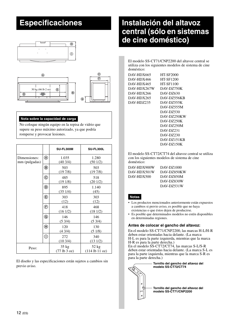 Especificaciones | Sony SU-FL300L User Manual | Page 36 / 292