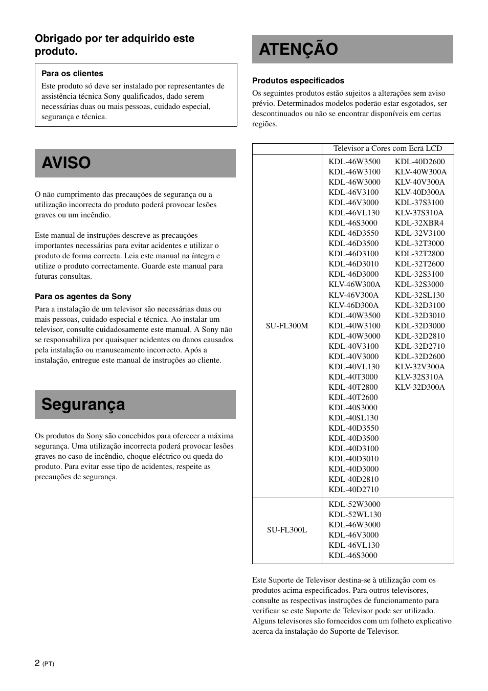 Aviso, Segurança, Atenção | Aviso segurança atenção | Sony SU-FL300L User Manual | Page 38 / 292