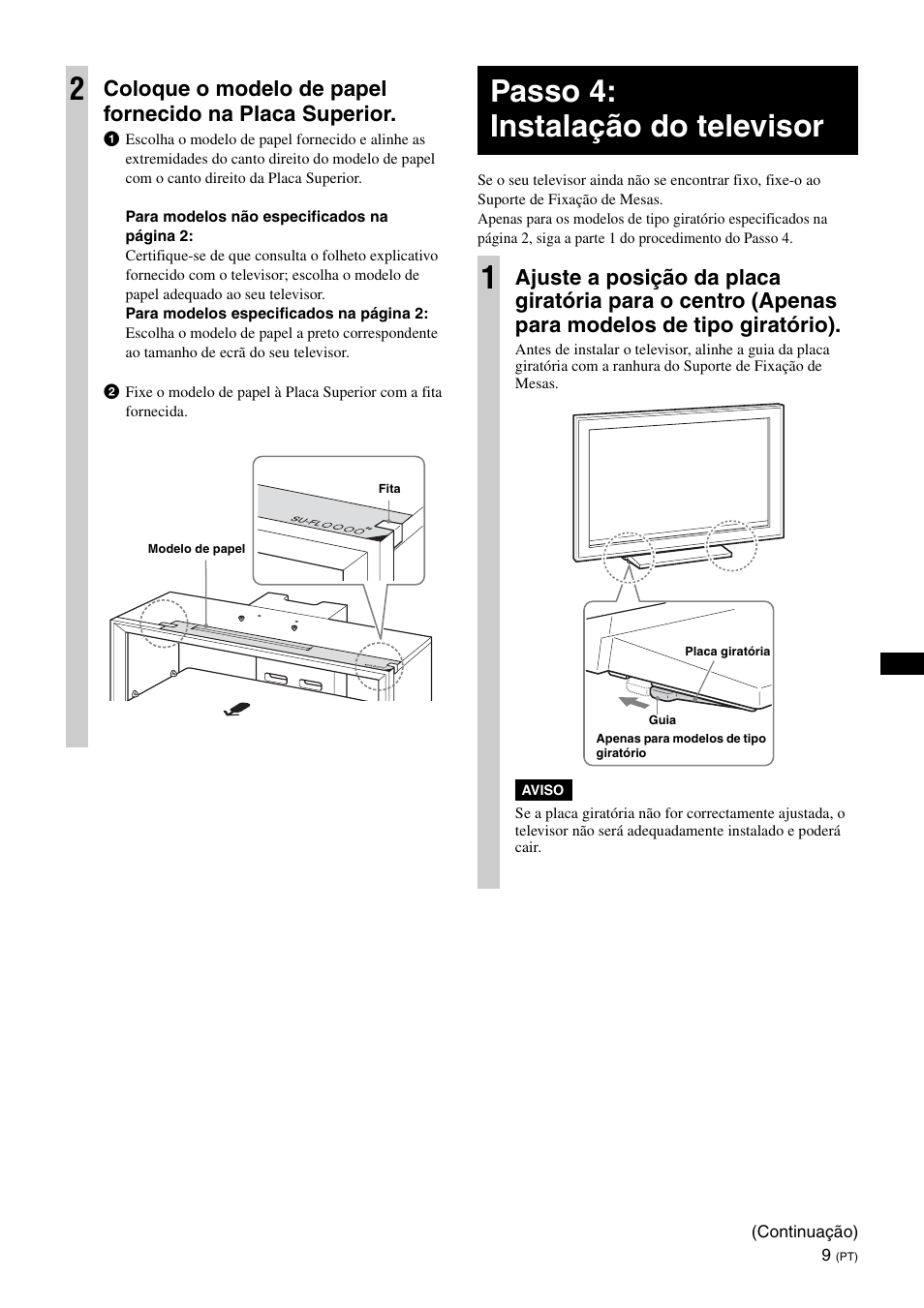 Passo 4: instalação do televisor, Passo 4: instalação do televisor 1 | Sony SU-FL300L User Manual | Page 45 / 292