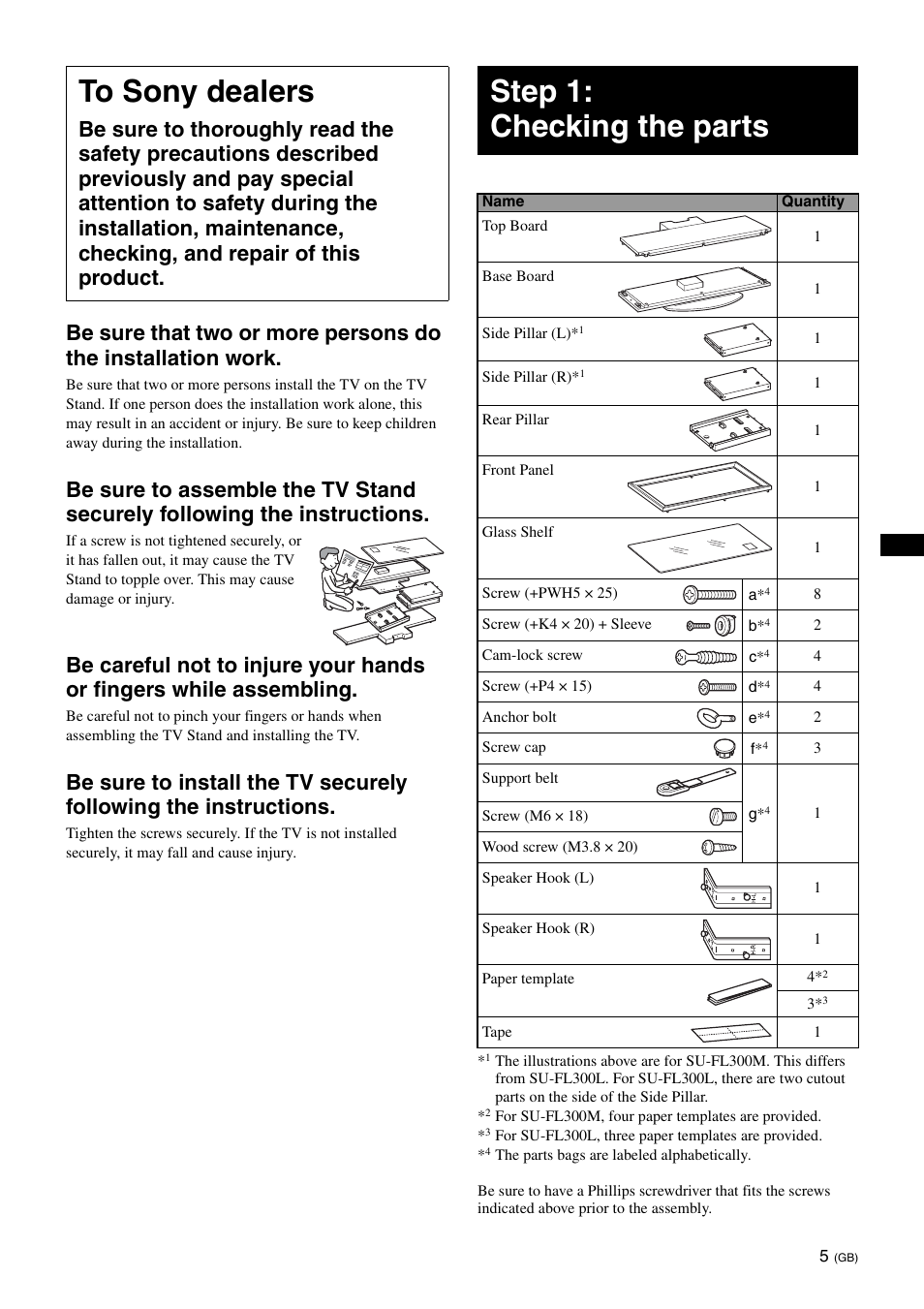 To sony dealers, Step 1: checking the parts | Sony SU-FL300L User Manual | Page 5 / 292