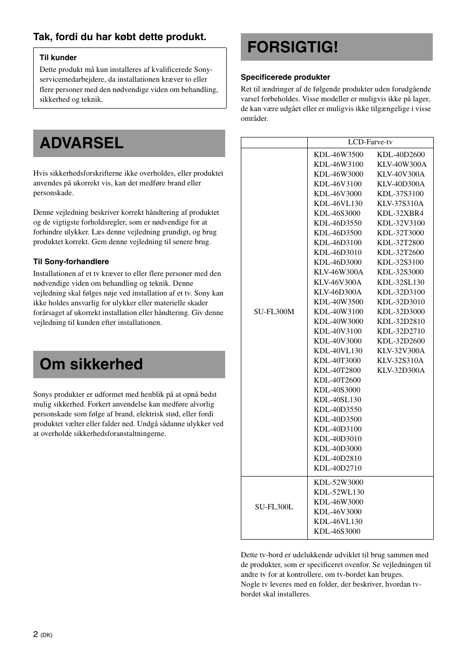 Advarsel, Om sikkerhed, Forsigtig | Advarsel om sikkerhed forsigtig | Sony SU-FL300L User Manual | Page 52 / 292