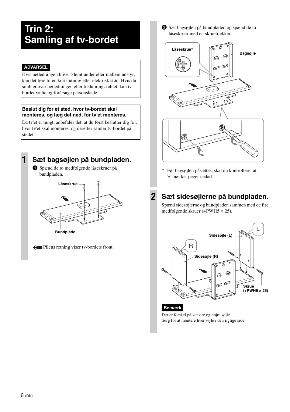 Trin 2: samling af tv-bordet, Sæt bagsøjlen på bundpladen, Sæt sidesøjlerne på bundpladen | Sony SU-FL300L User Manual | Page 56 / 292