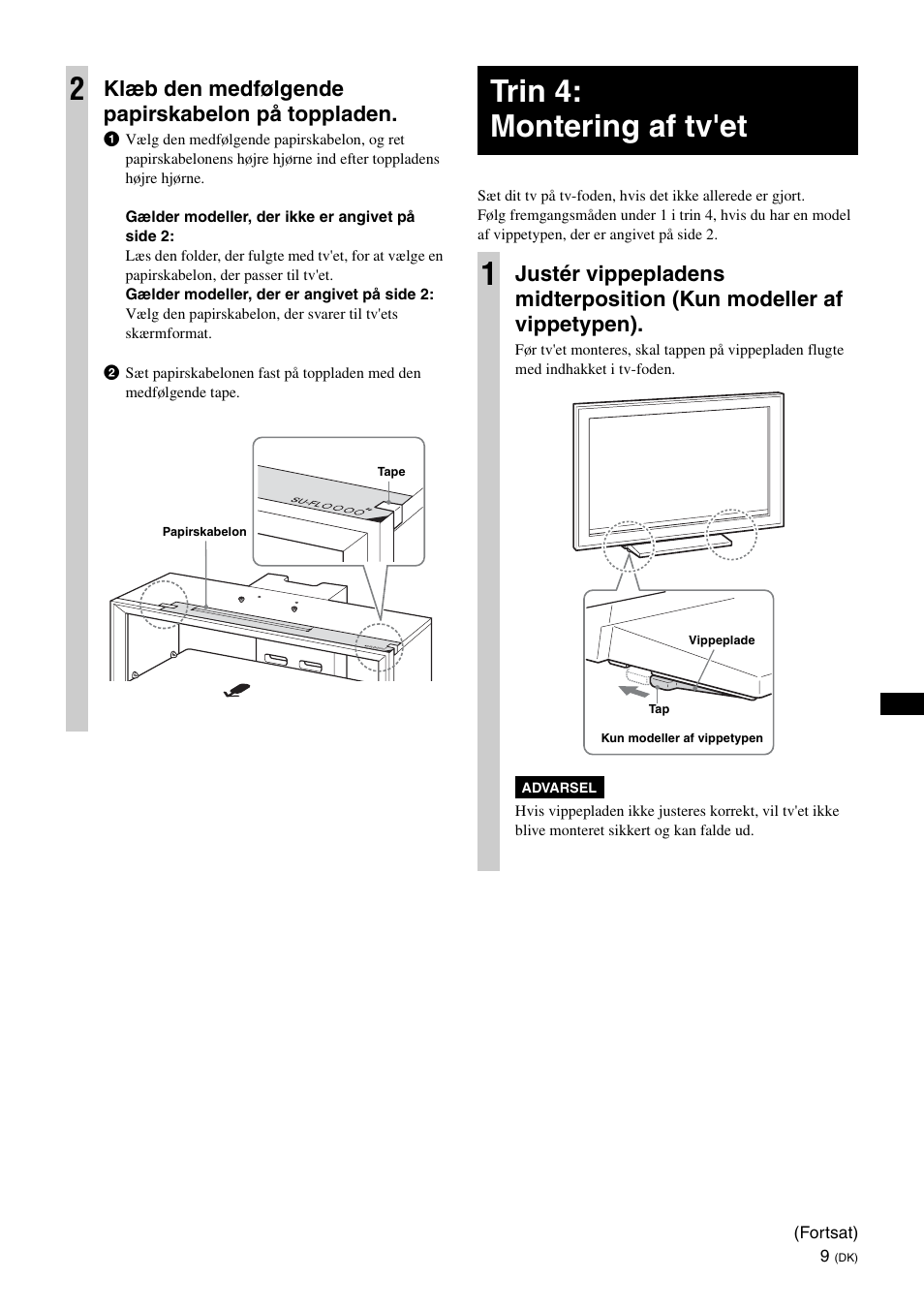 Trin 4: montering af tv'et, Trin 4: montering af tv'et 1, Klæb den medfølgende papirskabelon på toppladen | Sony SU-FL300L User Manual | Page 59 / 292