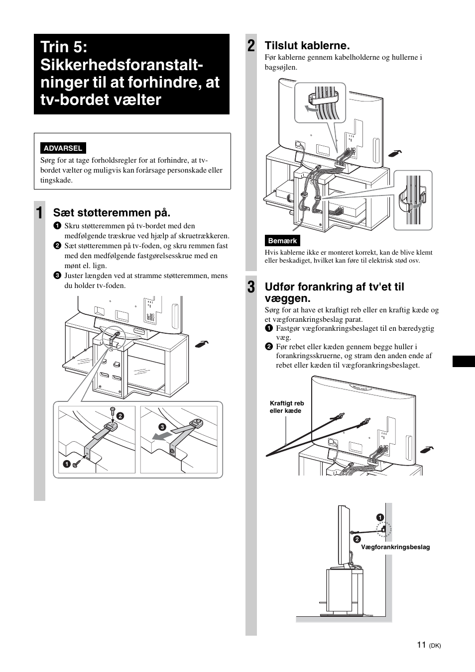 Sæt støtteremmen på, Tilslut kablerne, Udfør forankring af tv'et til væggen | Sony SU-FL300L User Manual | Page 61 / 292