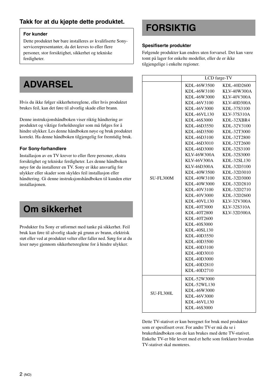 Advarsel, Om sikkerhet, Forsiktig | Advarsel om sikkerhet forsiktig | Sony SU-FL300L User Manual | Page 64 / 292