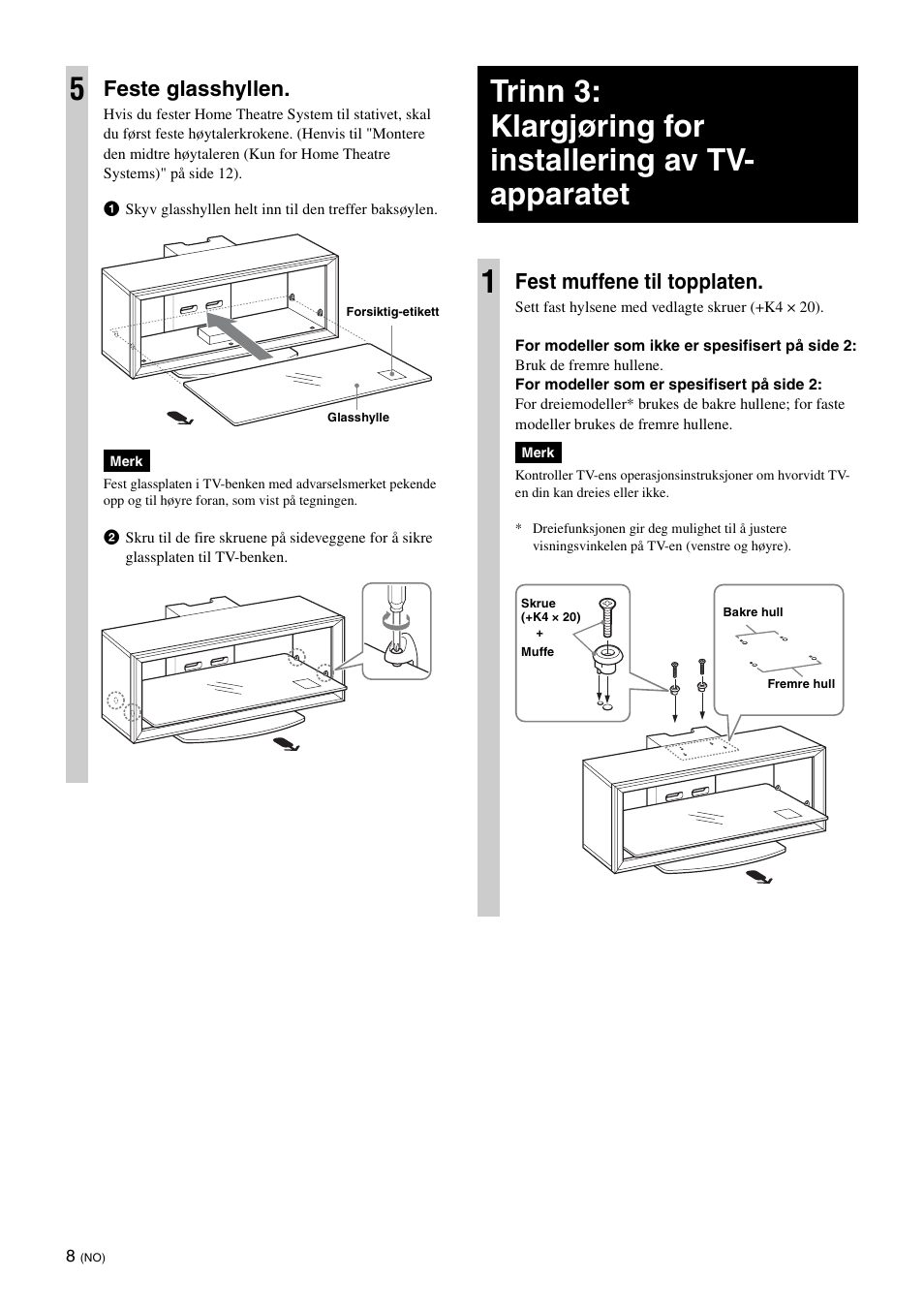 Feste glasshyllen, Fest muffene til topplaten | Sony SU-FL300L User Manual | Page 70 / 292