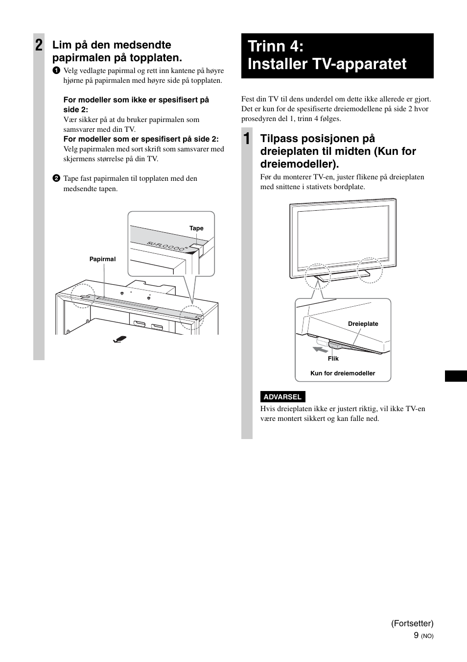 Trinn 4: installer tv-apparatet, Trinn 4: installer tv-apparatet 1, Lim på den medsendte papirmalen på topplaten | Sony SU-FL300L User Manual | Page 71 / 292
