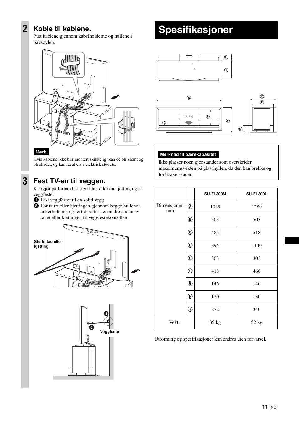 Spesifikasjoner, Koble til kablene, Fest tv-en til veggen | Sony SU-FL300L User Manual | Page 73 / 292