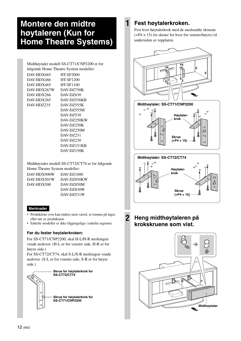 Fest høytalerkroken, Heng midthøytaleren på krokskruene som vist | Sony SU-FL300L User Manual | Page 74 / 292