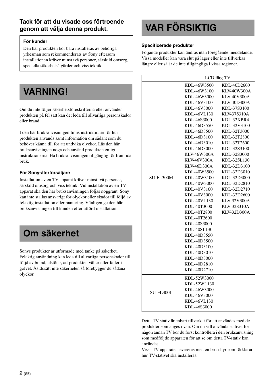 Varning, Om säkerhet, Var försiktig | Varning! om säkerhet var försiktig | Sony SU-FL300L User Manual | Page 76 / 292