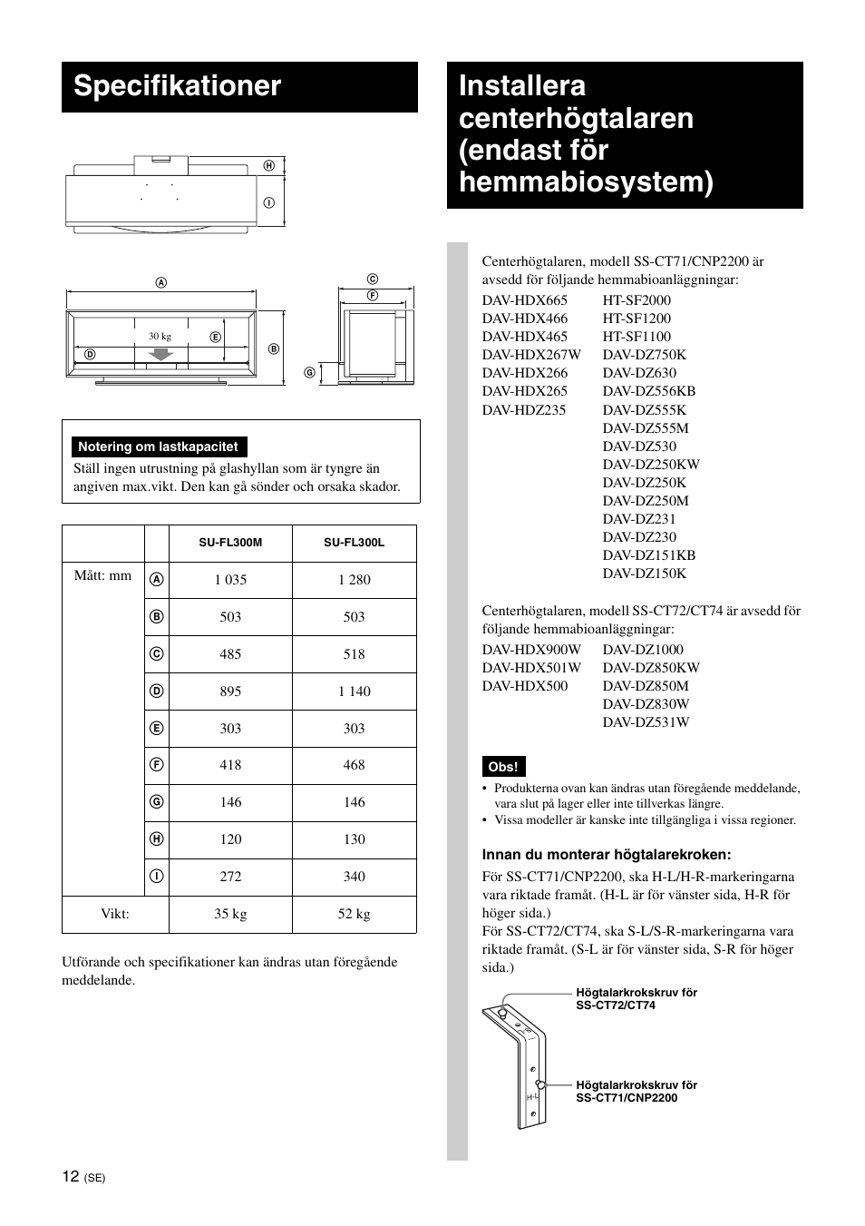 Specifikationer | Sony SU-FL300L User Manual | Page 86 / 292